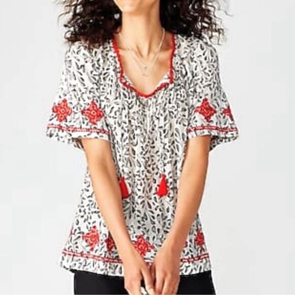 J. Jill XL White Black Red Floral Embroidered Short Sleeve Tasseled Blouse - Picture 1 of 10